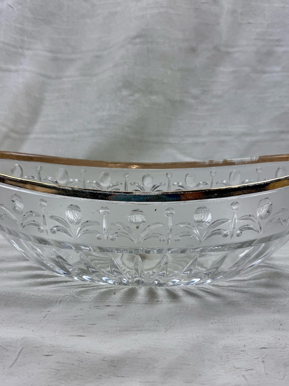 Cristal de Flandre Salzburg Crystal Oval Bowl 11” X 5.5”Gold Detail Trim